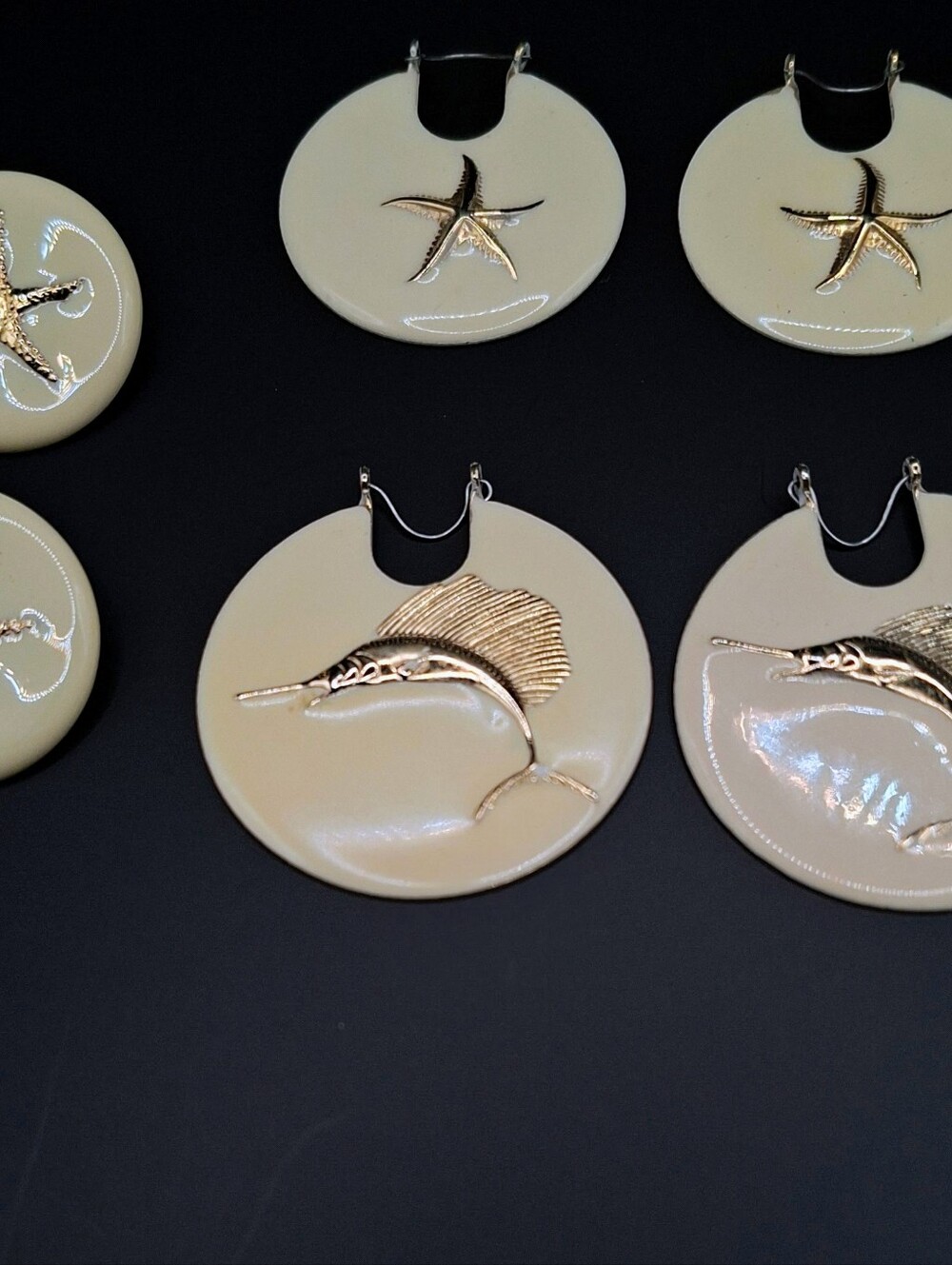 Beach-Inspired Round Drop Earrings with Gold Starfish & Marlin Accents - Cream